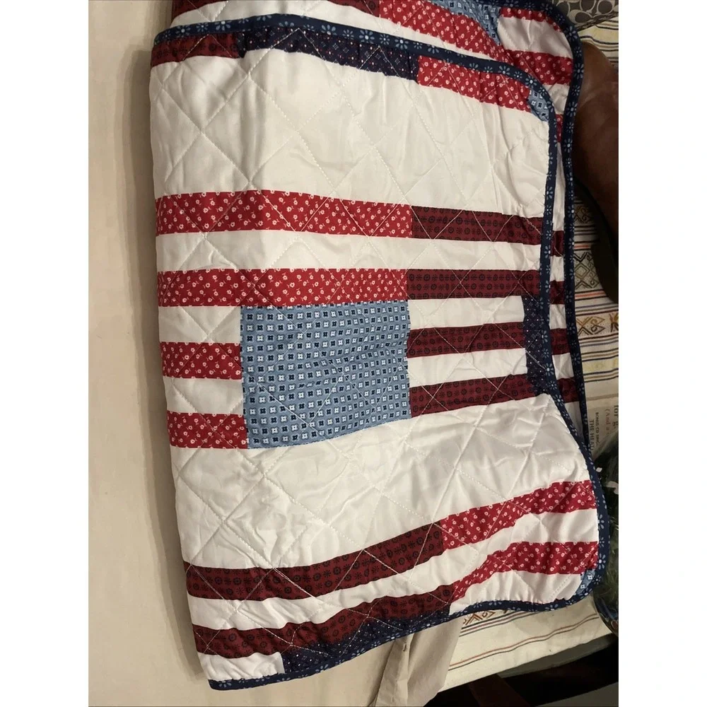 Pair New Matching Pillow Covers King Quilted‎ American Red White Blue Stripes